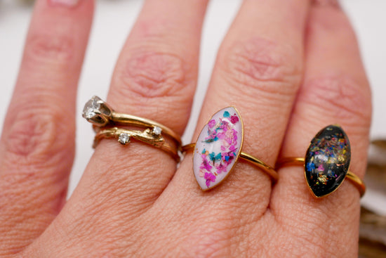 Pressed Flower Confetti Ring – marquise Shape, Adjustable ring pressed flowers