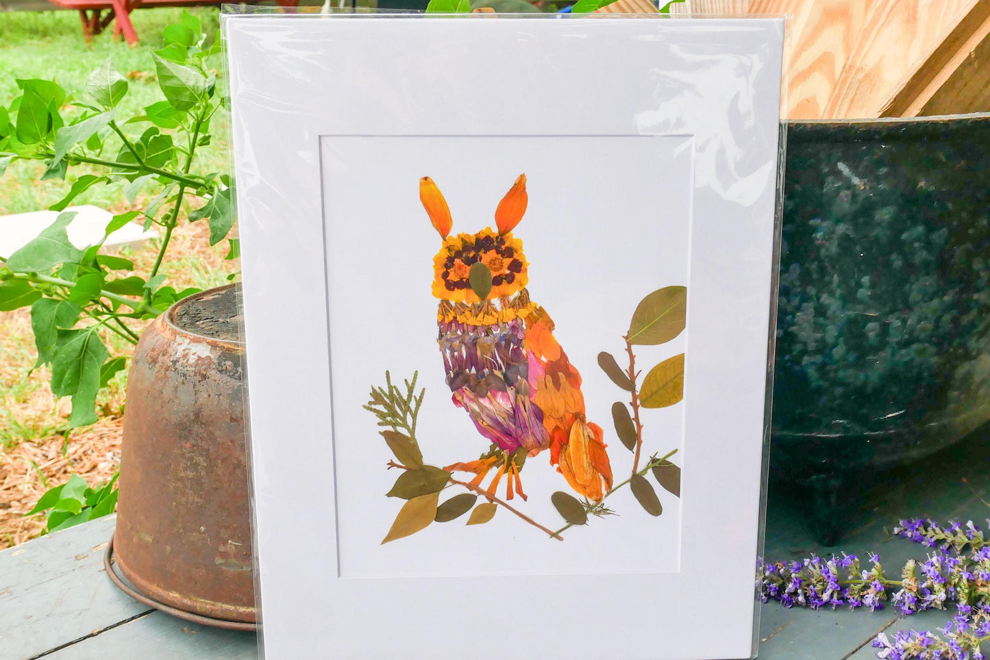Pressed flower Owl  art, floral collage owl, whimsical art made with real flowers, whimsical owl  print