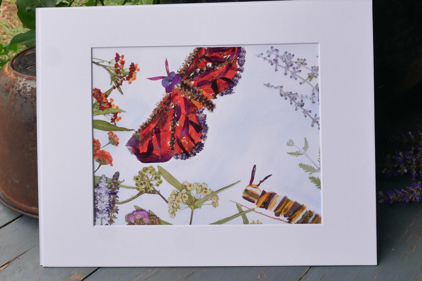 Pressed Flower Monarch butterfly  art, Whimsical caterpillar art, Art Print for woodland nursery, whimsical insect art