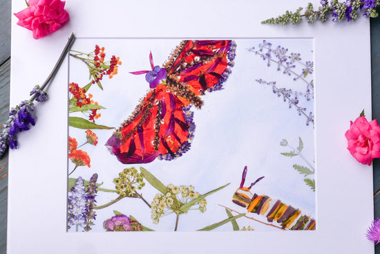 Pressed Flower Monarch butterfly  art, Whimsical caterpillar art, Art Print for woodland nursery, whimsical insect art