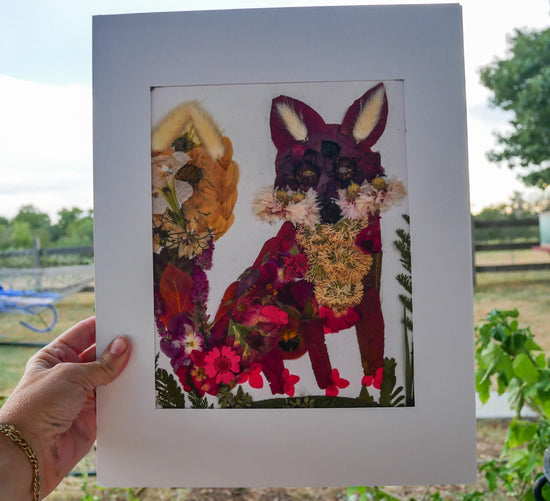 Pressed flower fox art, whimsical flower fox art, real flower art PRINT, woodland nursery