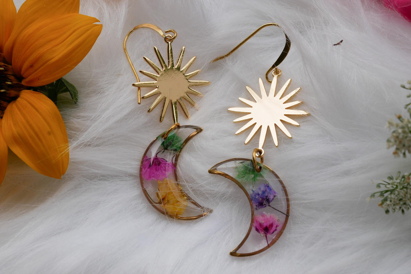 pressed flower sun and moon earrings, real flower moon earrings