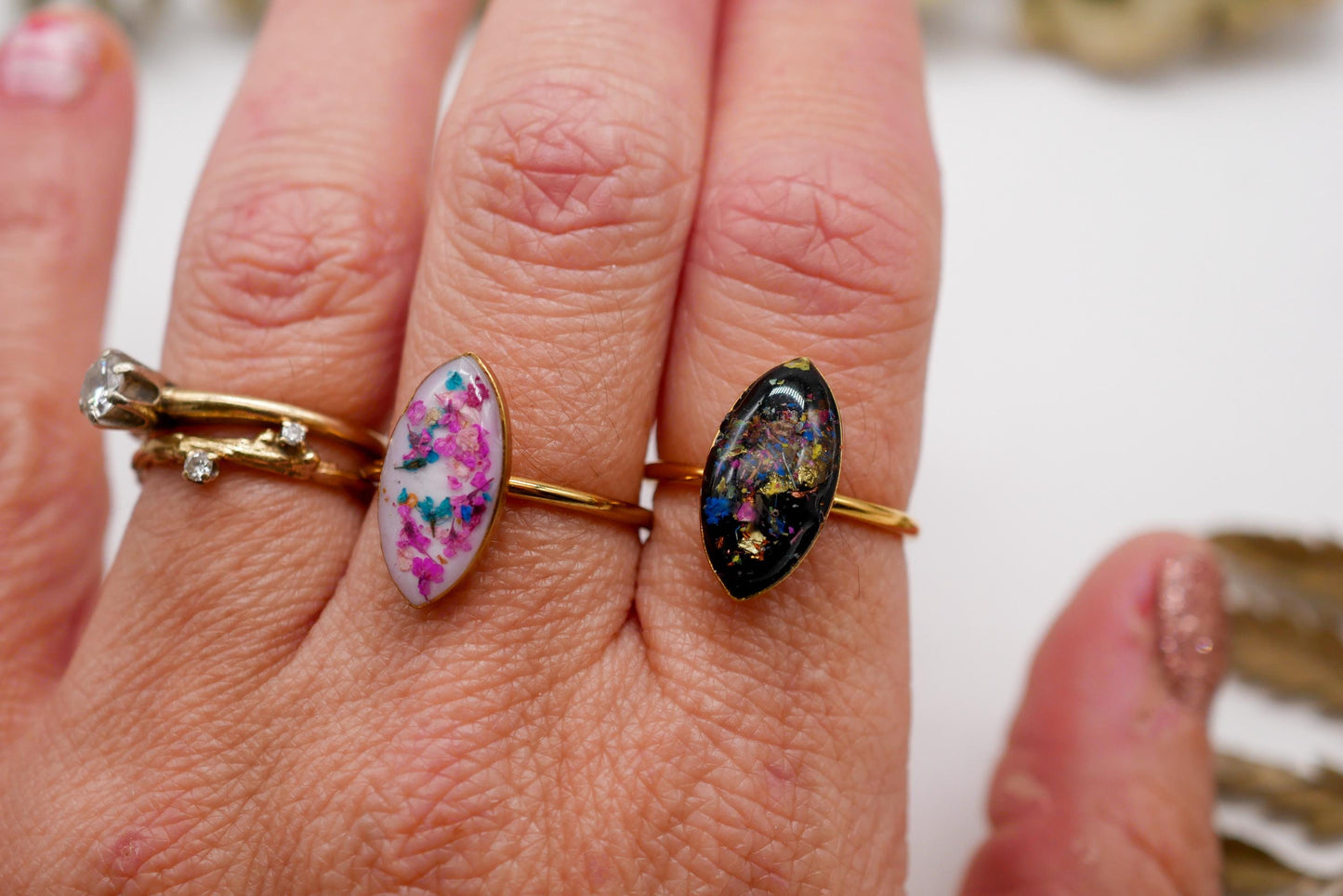 Pressed Flower Confetti Ring – marquise Shape, Adjustable ring pressed flowers