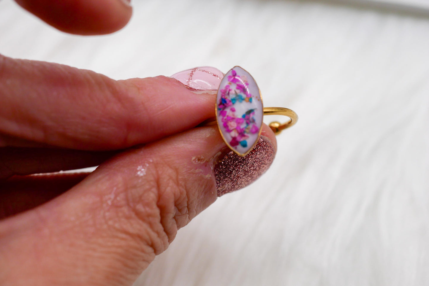 Pressed Flower Confetti Ring – marquise Shape, Adjustable ring pressed flowers