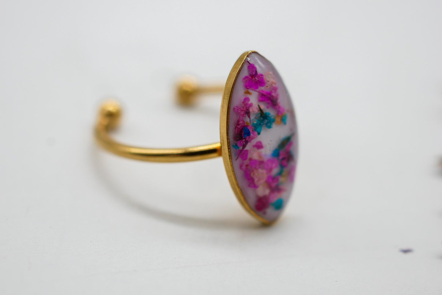 Pressed Flower Confetti Ring – marquise Shape, Adjustable ring pressed flowers