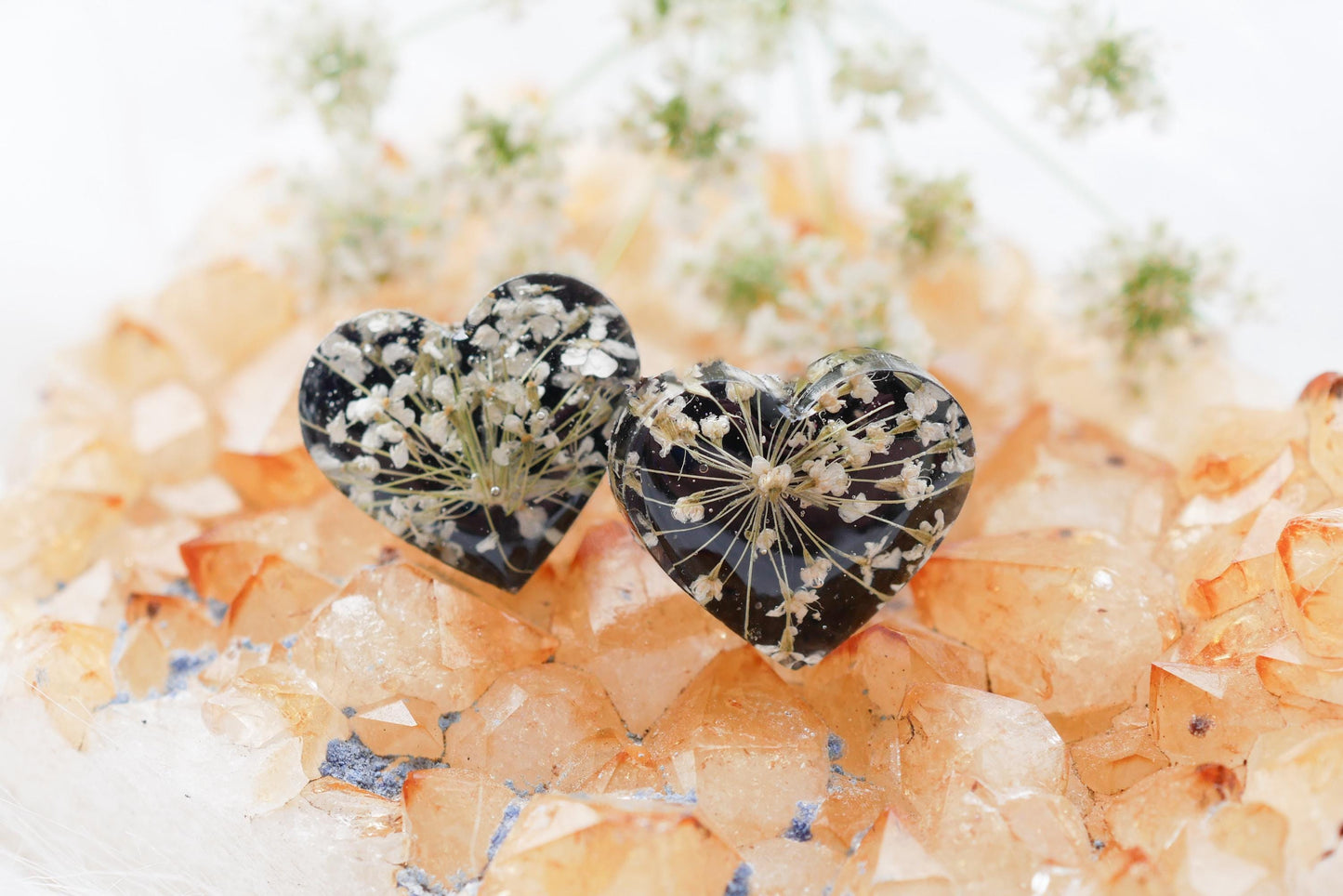 Pressed flower heart stud earrings, queen annes lace  flower earrings, botanical studs, black and white stud earrings