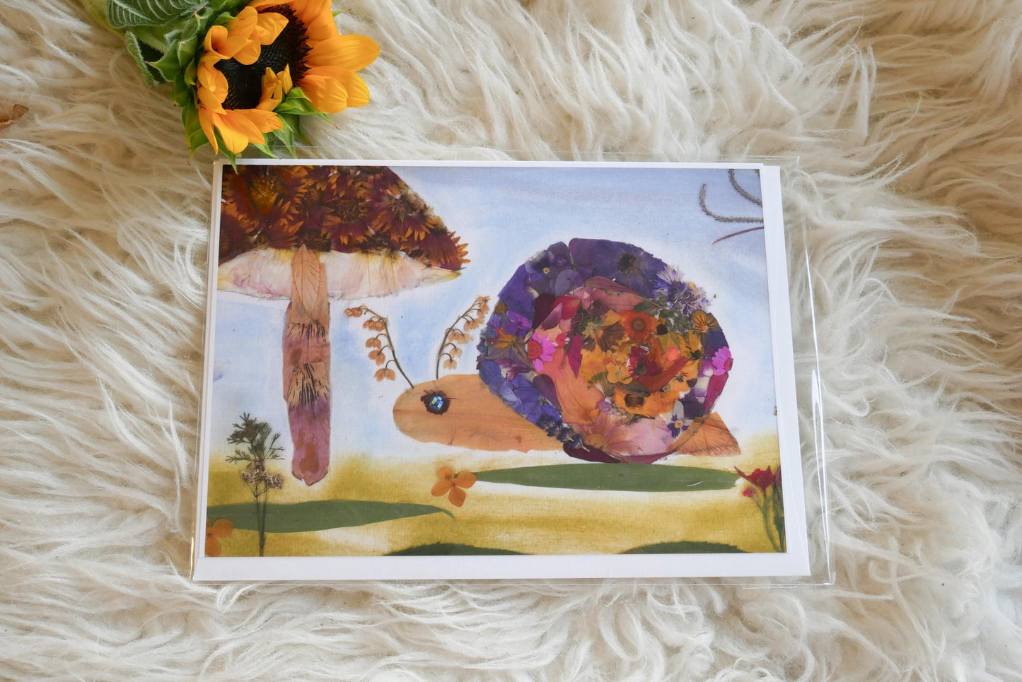 Pressed flower snail greeting card, pressed flower snail, snail mail card, blank whimsical greeting card