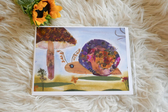 Pressed flower snail greeting card, pressed flower snail, snail mail card, blank whimsical greeting card