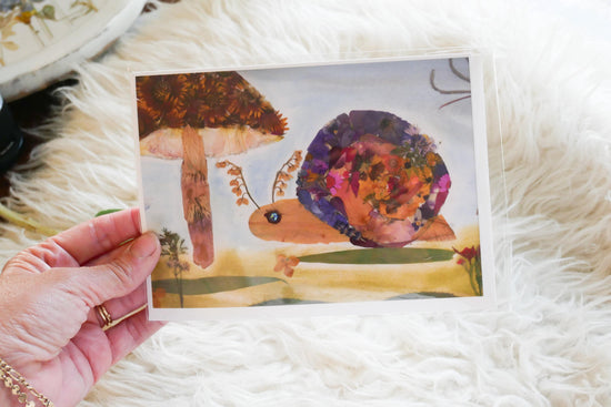 Pressed flower snail greeting card, pressed flower snail, snail mail card, blank whimsical greeting card