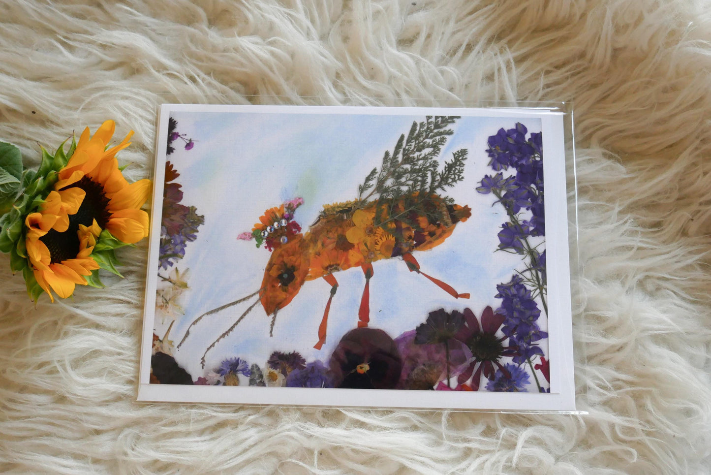 Pressed flower bee greeting card, pressed flower bee, queen bee card, blank whimsical greeting card