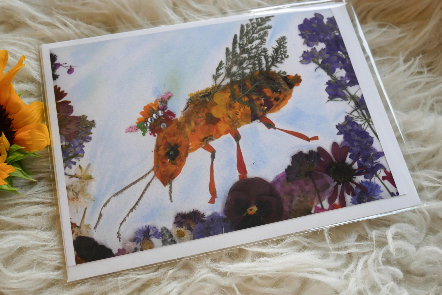 Pressed flower bee greeting card, pressed flower bee, queen bee card, blank whimsical greeting card