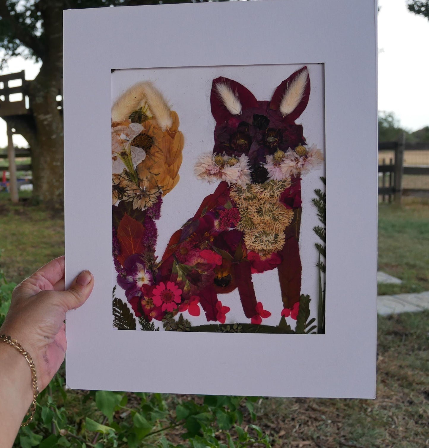 Pressed flower fox art, whimsical flower fox art, real flower art PRINT, woodland nursery