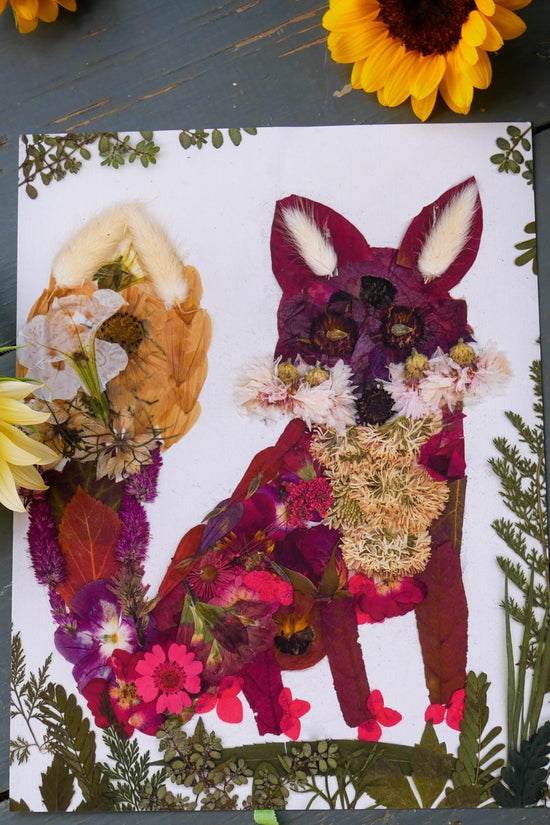 Pressed flower fox art, whimsical flower fox art, real flower art PRINT, woodland nursery