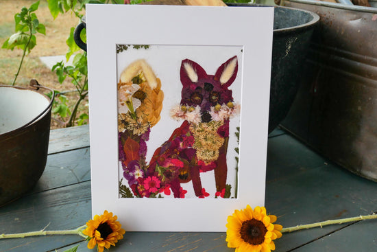 Pressed flower fox art, whimsical flower fox art, real flower art PRINT, woodland nursery