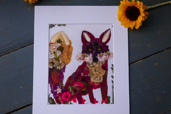 Pressed flower fox art, whimsical flower fox art, real flower art PRINT, woodland nursery