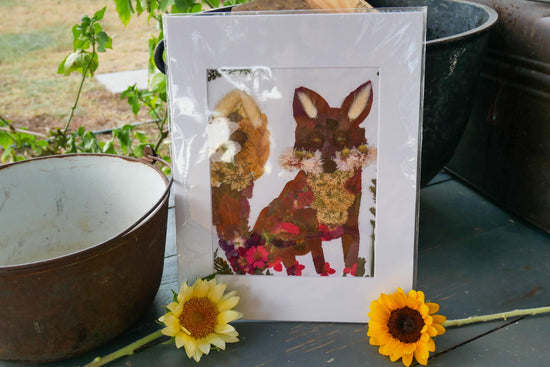 Pressed flower fox art, whimsical flower fox art, real flower art PRINT, woodland nursery
