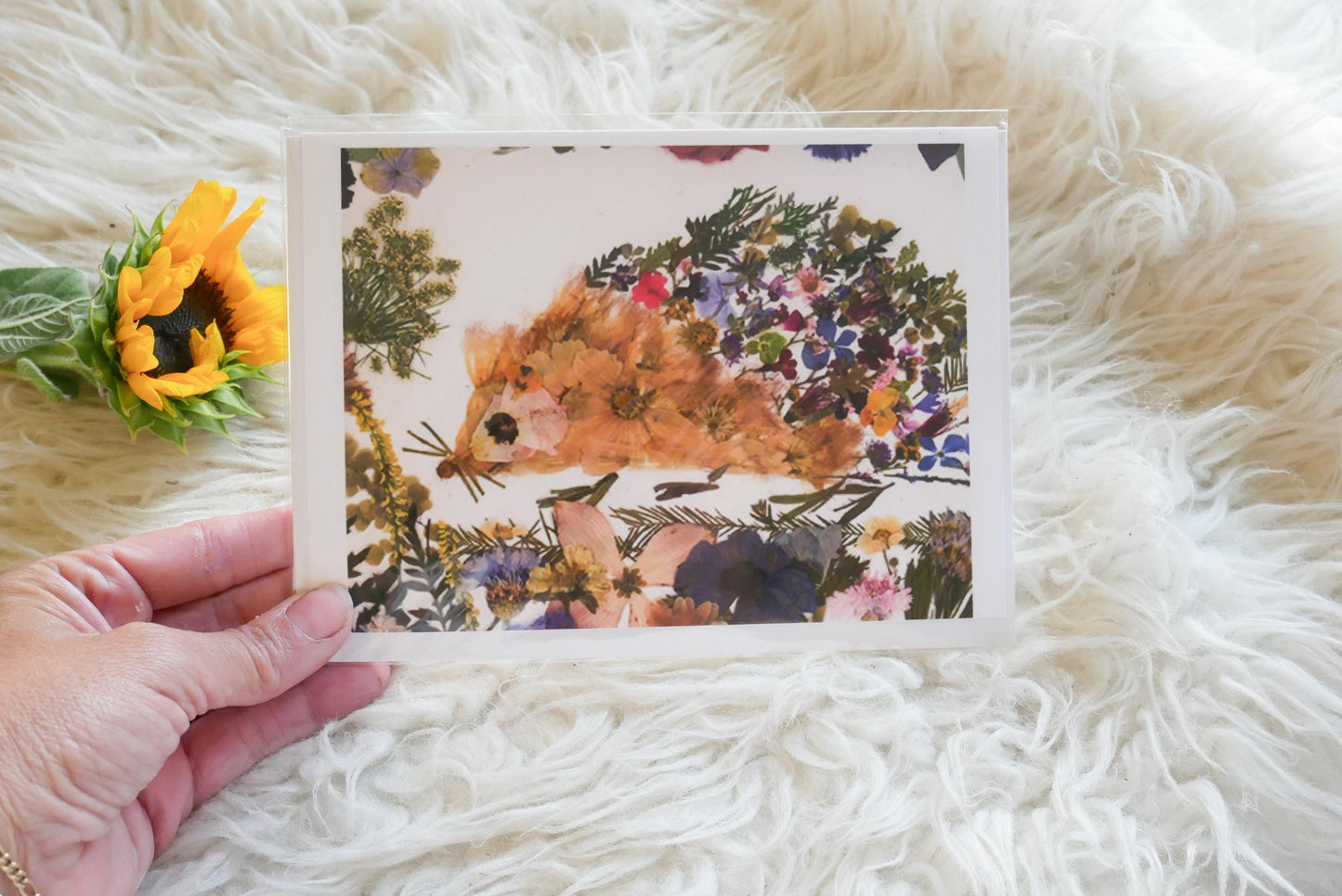 Pressed flower hedgehog print greeting card, pressed flower hedgehog, hedgehog card, blank whimsical greeting card
