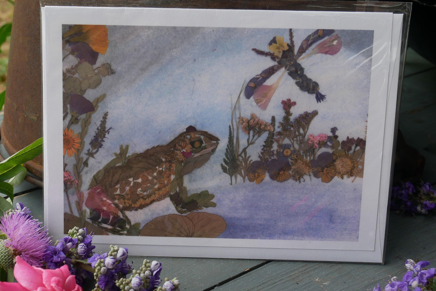 Pressed flower frog  greeting card, PRINT,  floral collage frog