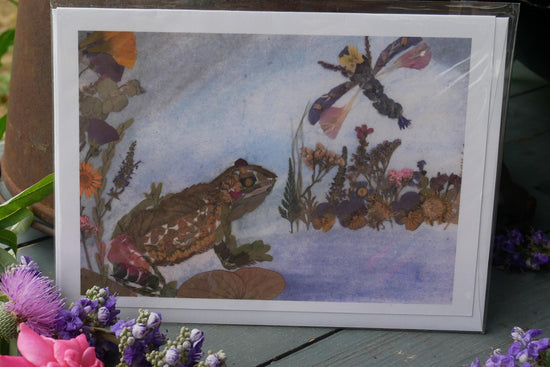 Pressed flower frog  greeting card, PRINT,  floral collage frog