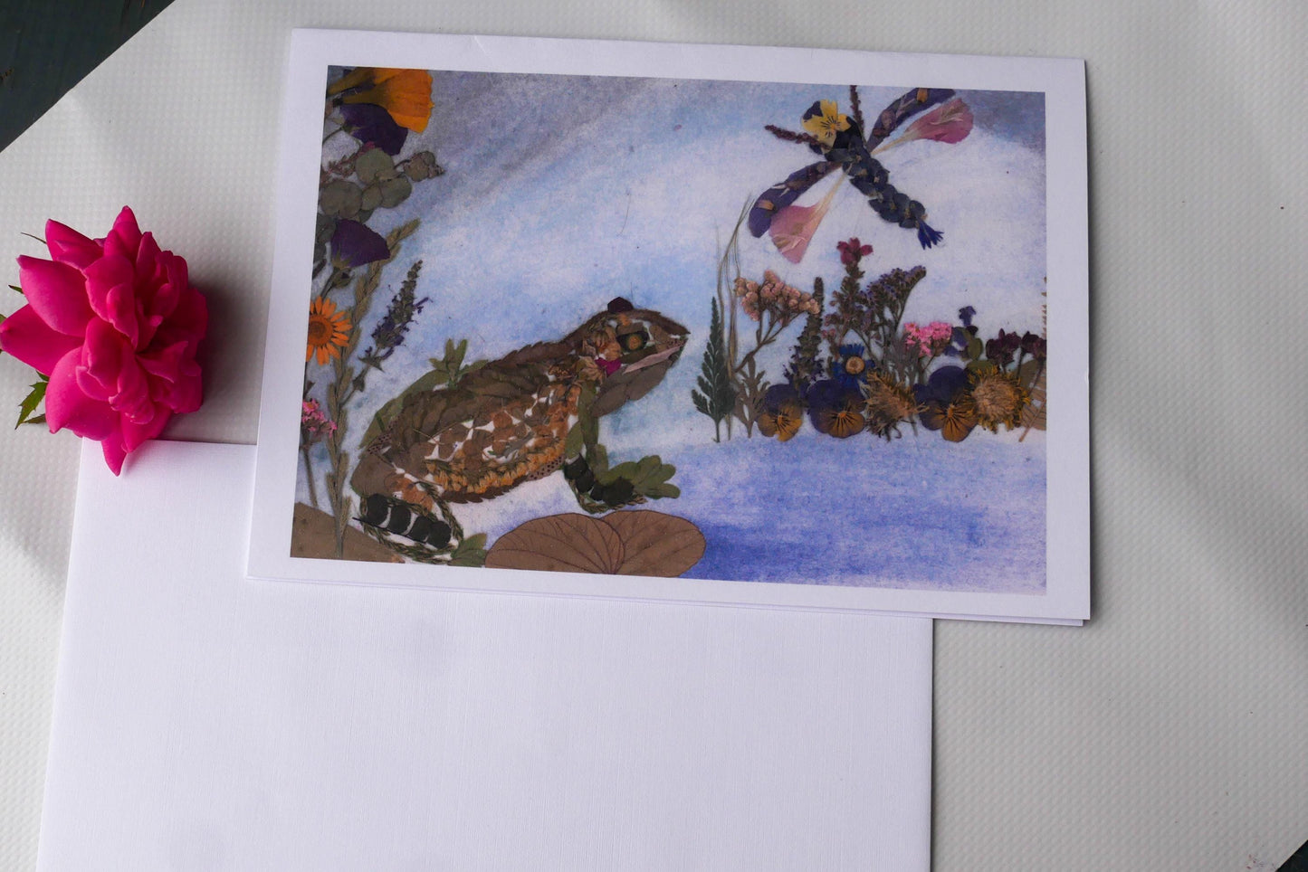 Pressed Flower Frog Greeting Card - Botanical Collage Design