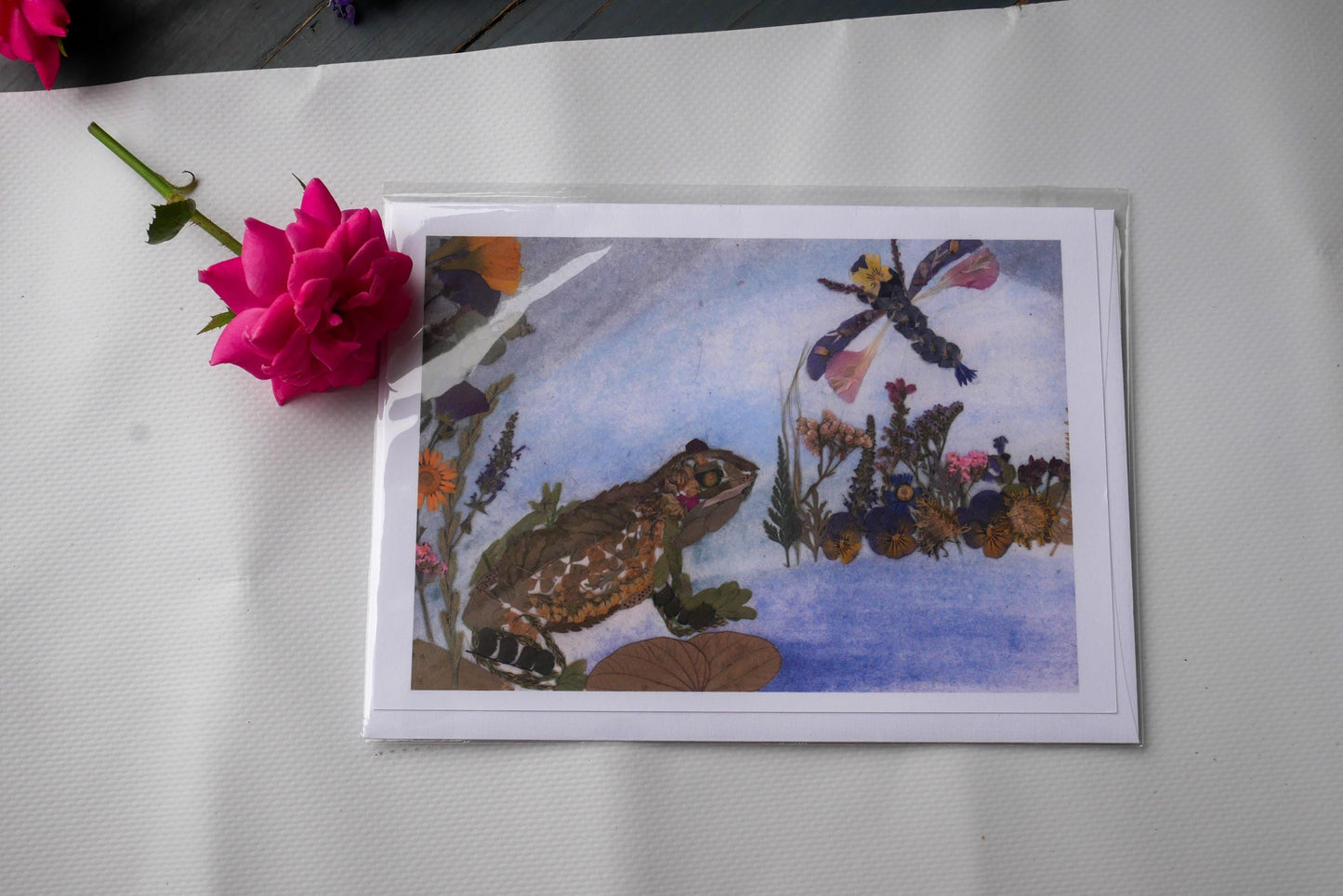 Pressed Flower Frog Greeting Card - Botanical Collage Design