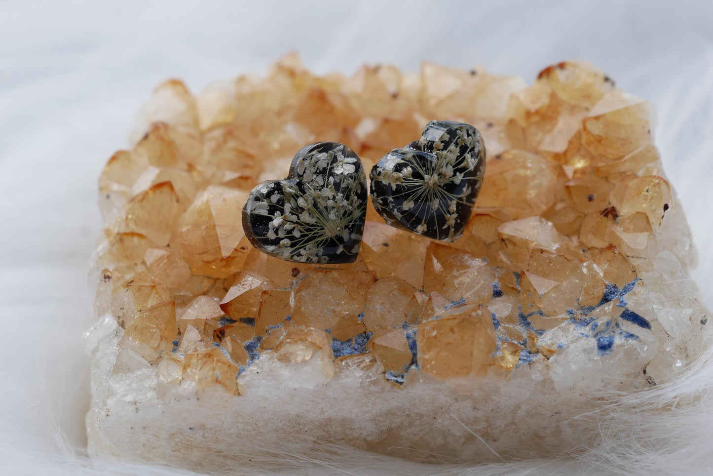 Pressed queen annes lace flower heart earrings,