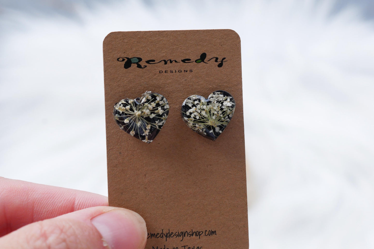 Pressed queen annes lace flower heart earrings,
