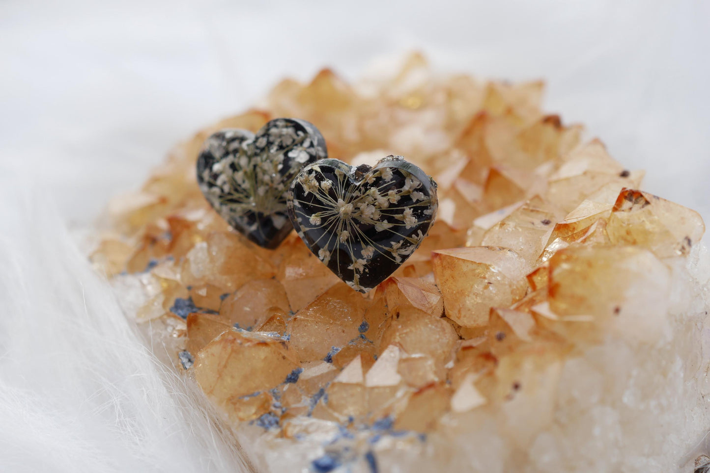 Pressed queen annes lace flower heart earrings,