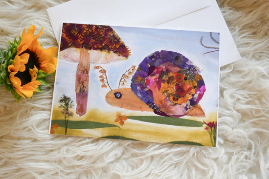 Pressed flower snail greeting card, pressed flower snail, snail mail card, blank whimsical greeting card