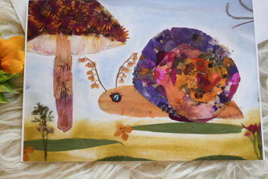 Pressed flower snail greeting card, pressed flower snail, snail mail card, blank whimsical greeting card