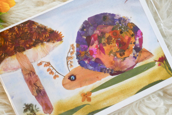Pressed flower snail greeting card, pressed flower snail, snail mail card, blank whimsical greeting card