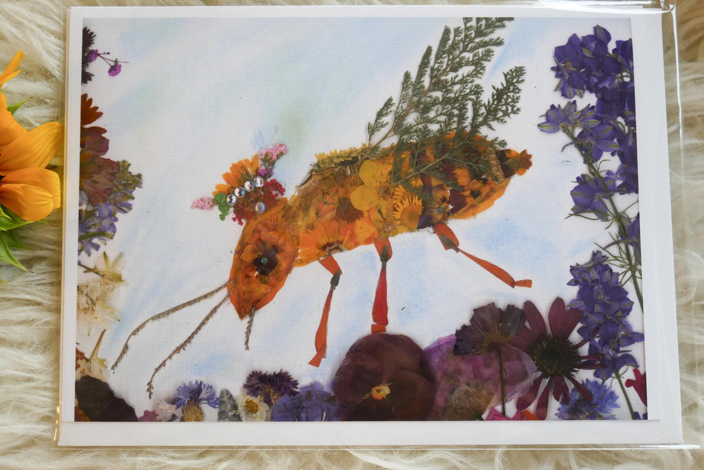 Pressed flower bee greeting card, pressed flower bee, queen bee card, blank whimsical greeting card