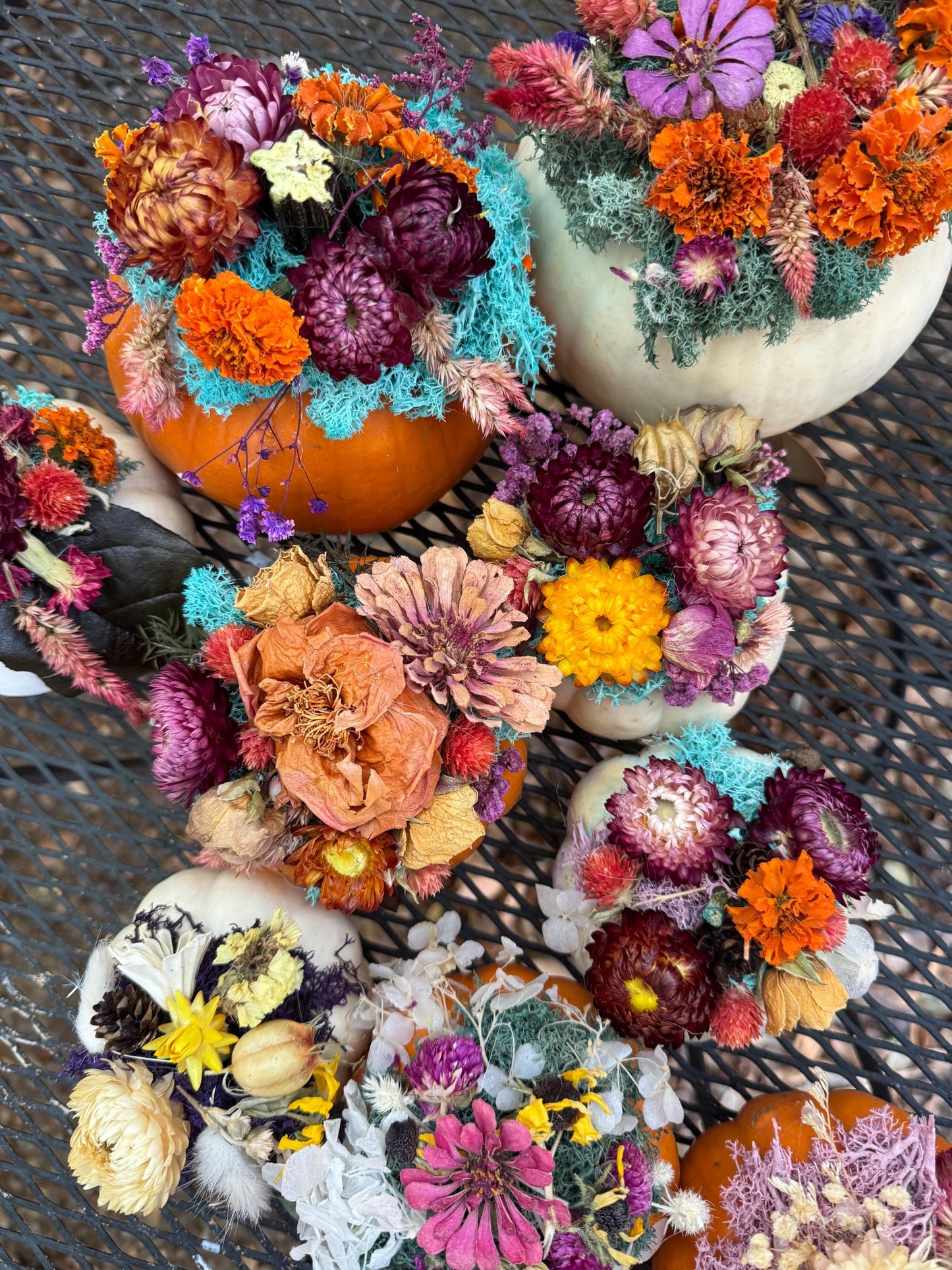 Dried flower pumpkin with real flowers on pumpkin for centerpiece floral fall table decor