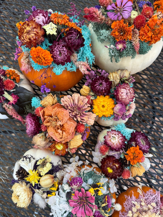Dried flower pumpkin with real flowers on pumpkin for centerpiece floral fall table decor