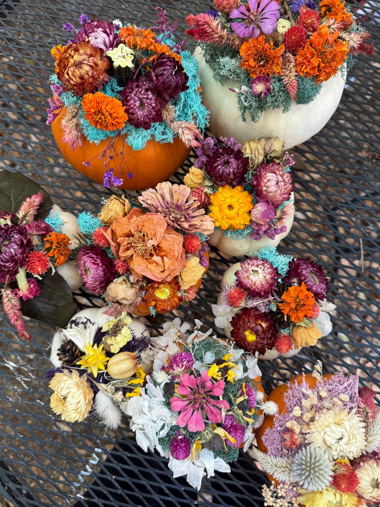 Dried flower pumpkin with real flowers on pumpkin for centerpiece floral fall table decor