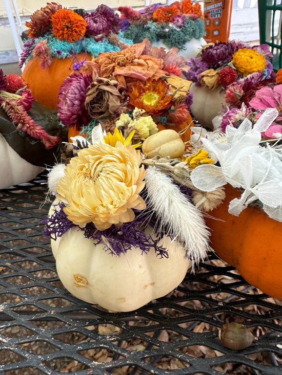 Dried flower pumpkin with real flowers on pumpkin for centerpiece floral fall table decor