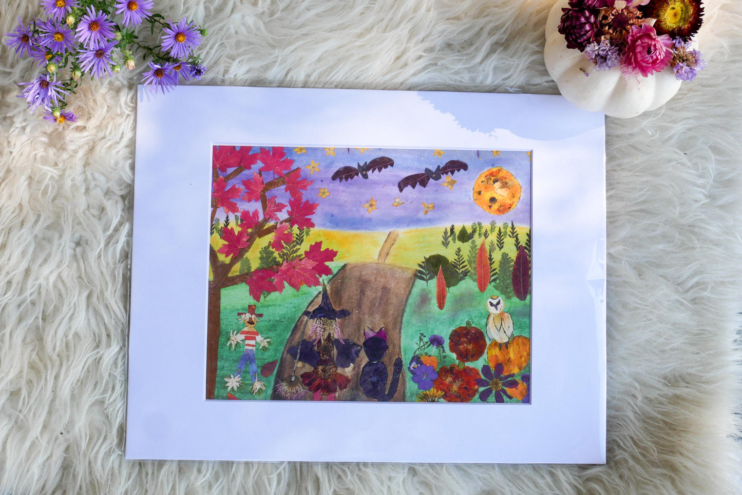 Pressed flower Halloween art print, whimsical fall art greeting card