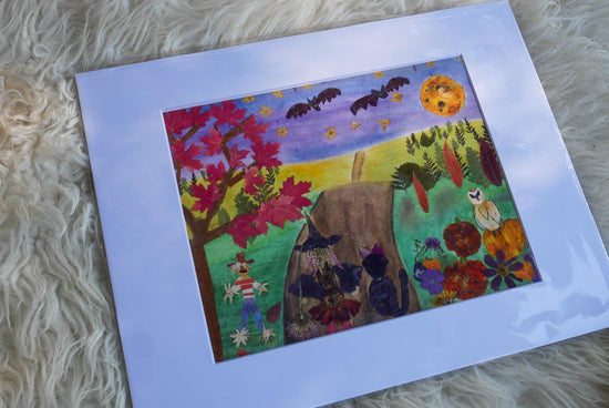 Pressed flower Halloween art print, whimsical fall art greeting card