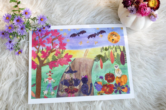 Pressed flower Halloween art print, whimsical fall art greeting card