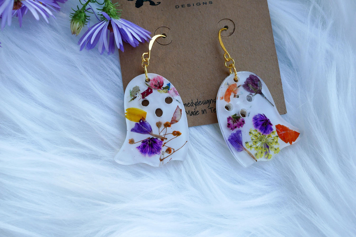Pressed flower Halloween ghost earrings