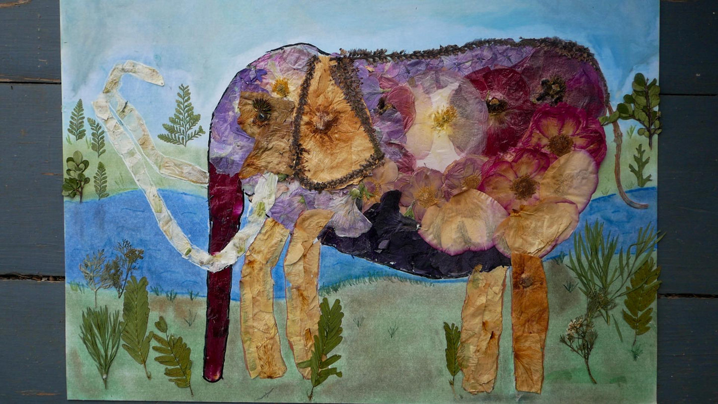 Pressed Flower Colombian Mammoth original whimsical art, Mammoth art