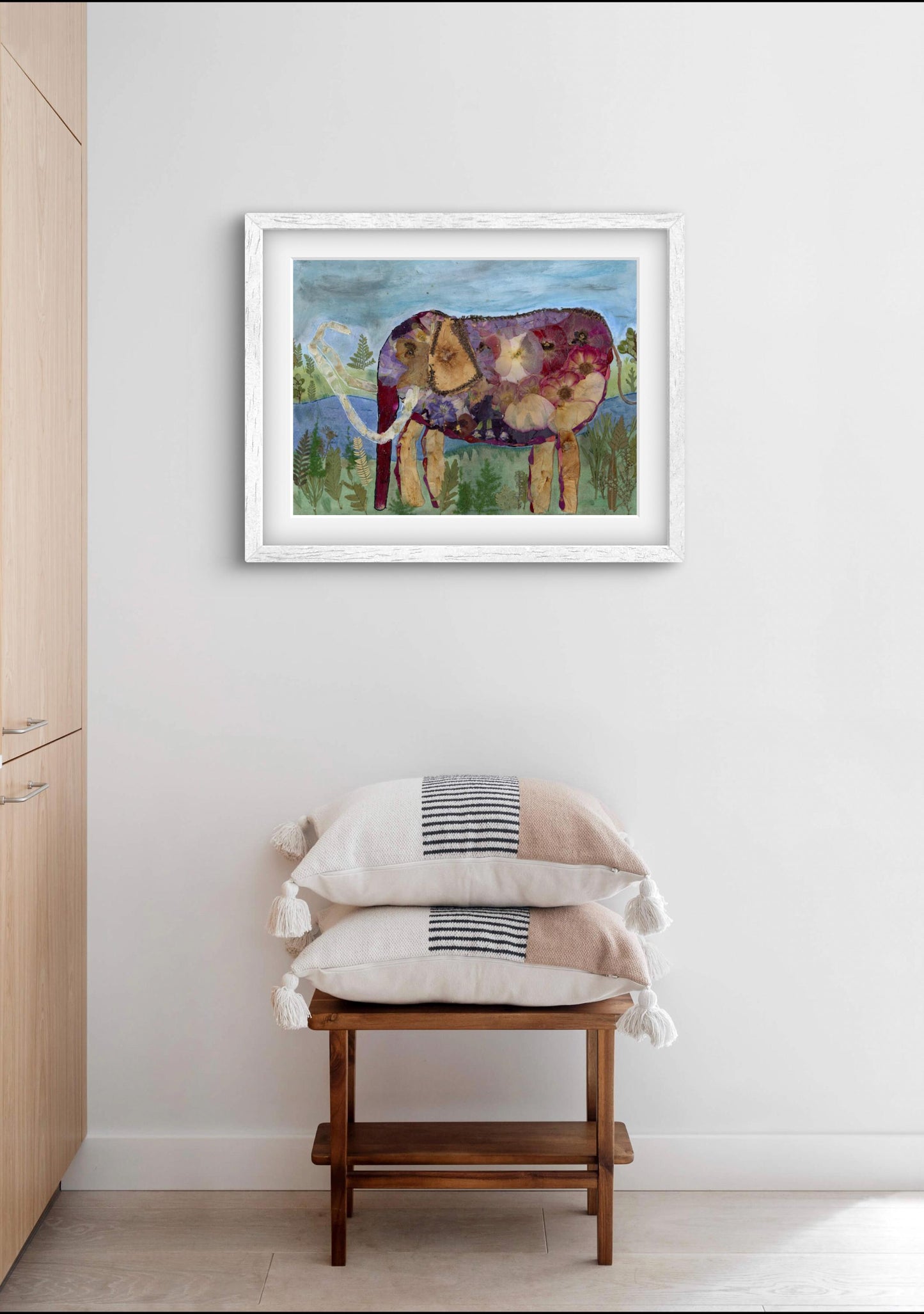 Pressed Flower Colombian Mammoth original whimsical art, Mammoth art