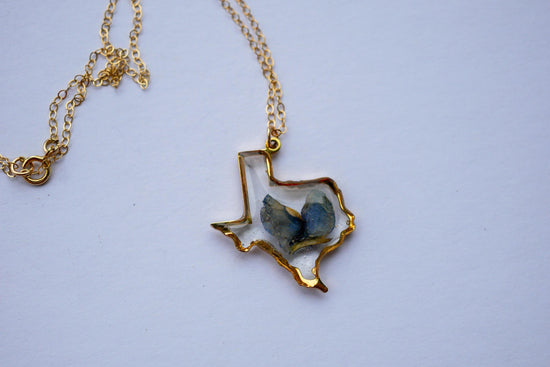Texas Necklace with Pressed Bluebonnet Petal – 14k Gold Fill or Sterling Silver – Dainty Texas Jewelry – Texas Gift for Her