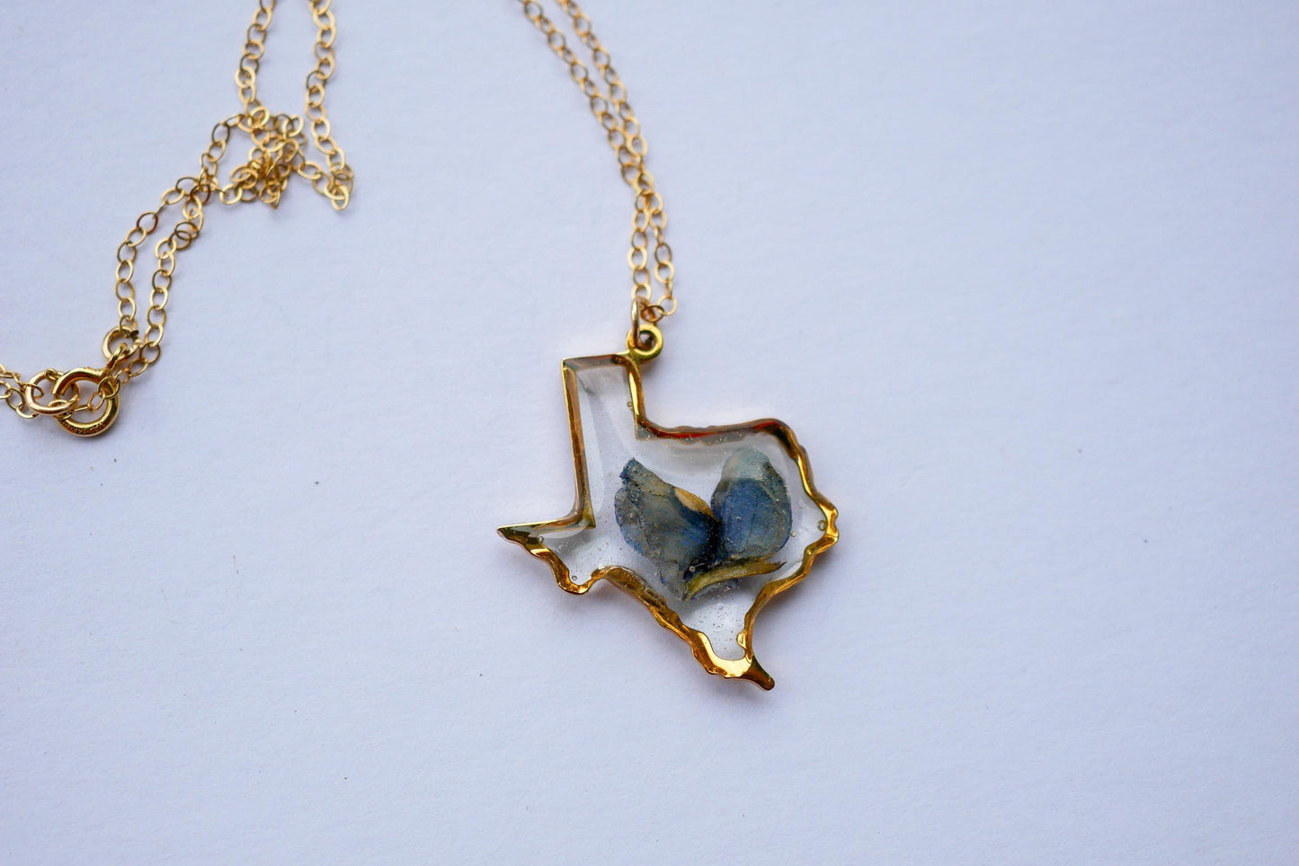 Texas Necklace with Pressed Bluebonnet Petal – 14k Gold Fill or Sterling Silver – Dainty Texas Jewelry – Texas Gift for Her