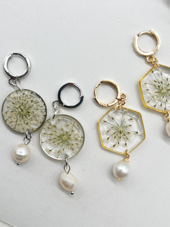Pressed Queen Anne’s Lace Hexagon Huggies with Freshwater Pearls | Sterling Silver or 24K Gold Fill Hoops