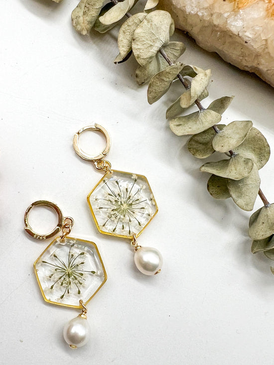 Pressed Queen Anne’s Lace Hexagon Huggies with Freshwater Pearls | Sterling Silver or 24K Gold Fill Hoops