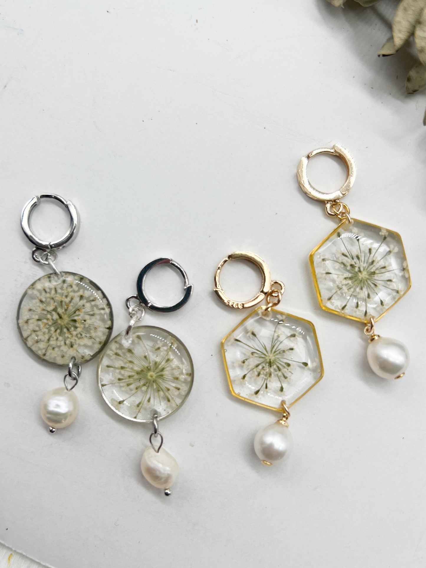 Pressed Queen Anne’s Lace Hexagon Huggies with Freshwater Pearls | Sterling Silver or 24K Gold Fill Hoops