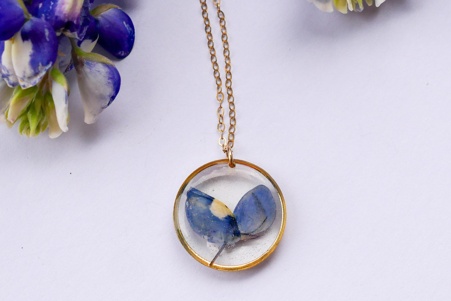 Texas pressed bluebonnet necklace -24k gold fill or sterling silver circle pendant