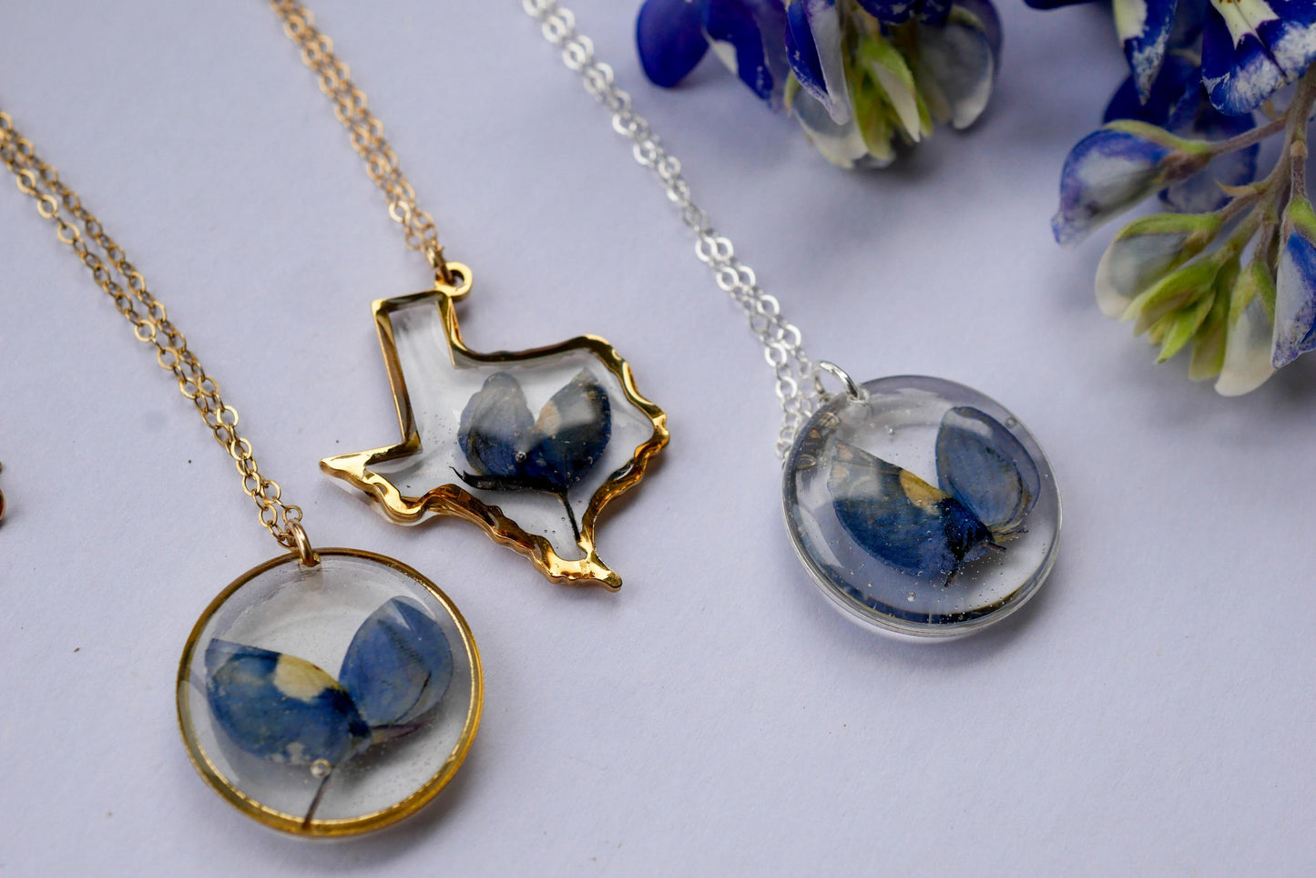 Texas pressed bluebonnet necklace -24k gold fill or sterling silver circle pendant