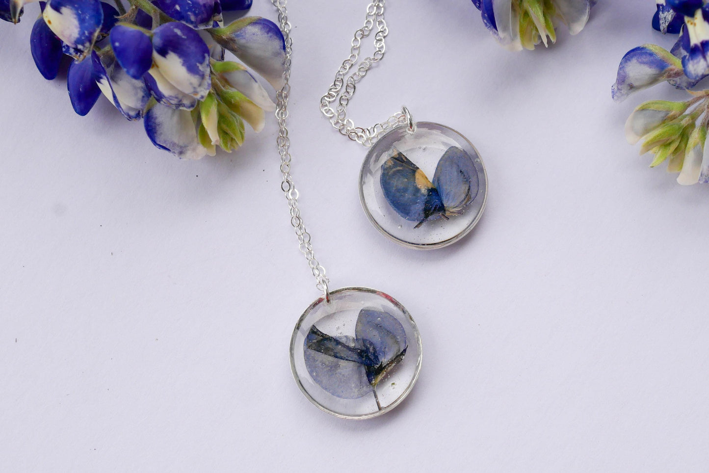 Texas pressed bluebonnet necklace -24k gold fill or sterling silver circle pendant